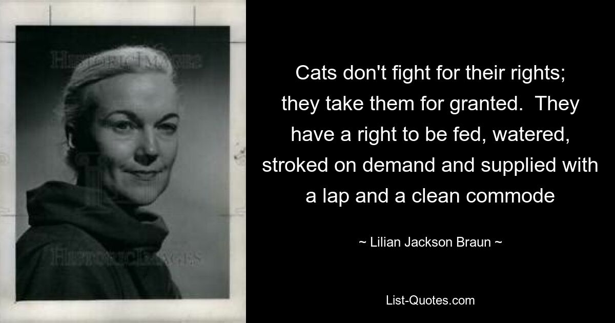 Cats don't fight for their rights; they take them for granted.  They have a right to be fed, watered, stroked on demand and supplied with a lap and a clean commode — © Lilian Jackson Braun