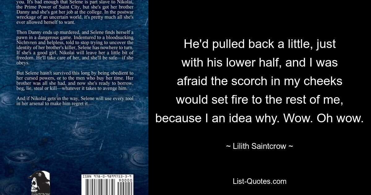 He'd pulled back a little, just with his lower half, and I was afraid the scorch in my cheeks would set fire to the rest of me, because I an idea why. Wow. Oh wow. — © Lilith Saintcrow