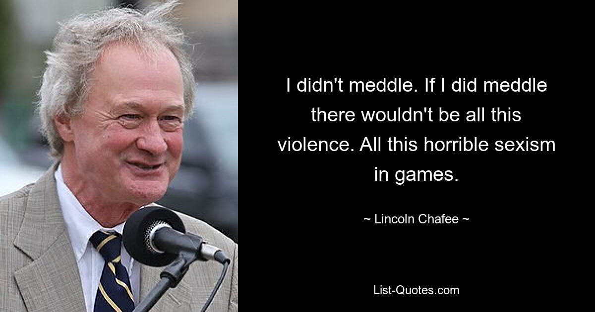 I didn't meddle. If I did meddle there wouldn't be all this violence. All this horrible sexism in games. — © Lincoln Chafee