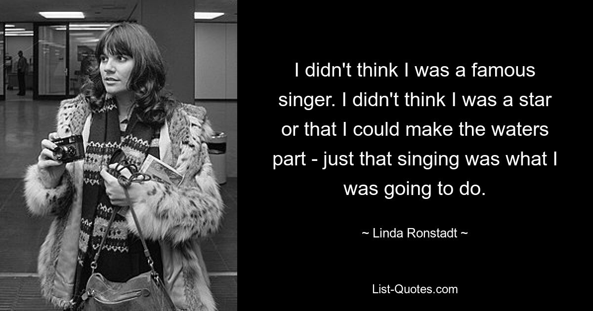 I didn't think I was a famous singer. I didn't think I was a star or that I could make the waters part - just that singing was what I was going to do. — © Linda Ronstadt