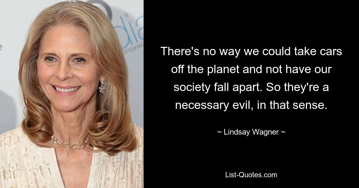 There's no way we could take cars off the planet and not have our society fall apart. So they're a necessary evil, in that sense. — © Lindsay Wagner