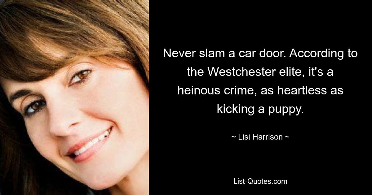 Never slam a car door. According to the Westchester elite, it's a heinous crime, as heartless as kicking a puppy. — © Lisi Harrison