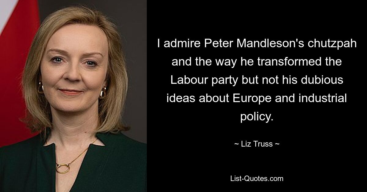 I admire Peter Mandleson's chutzpah and the way he transformed the Labour party but not his dubious ideas about Europe and industrial policy. — © Liz Truss