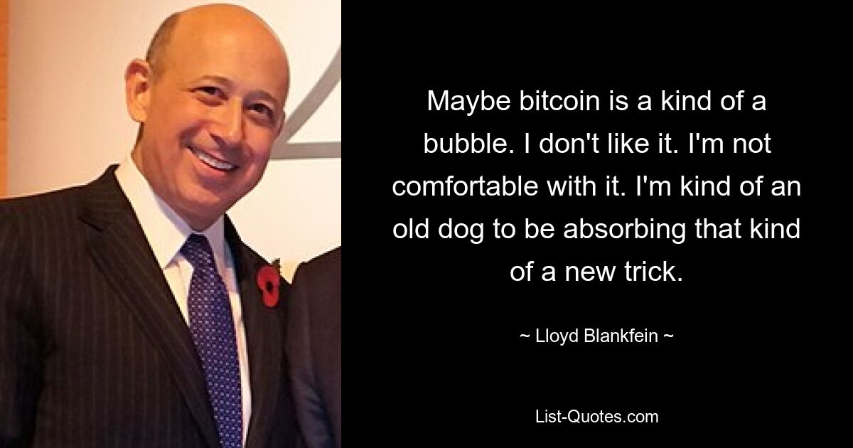 Maybe bitcoin is a kind of a bubble. I don't like it. I'm not comfortable with it. I'm kind of an old dog to be absorbing that kind of a new trick. — © Lloyd Blankfein