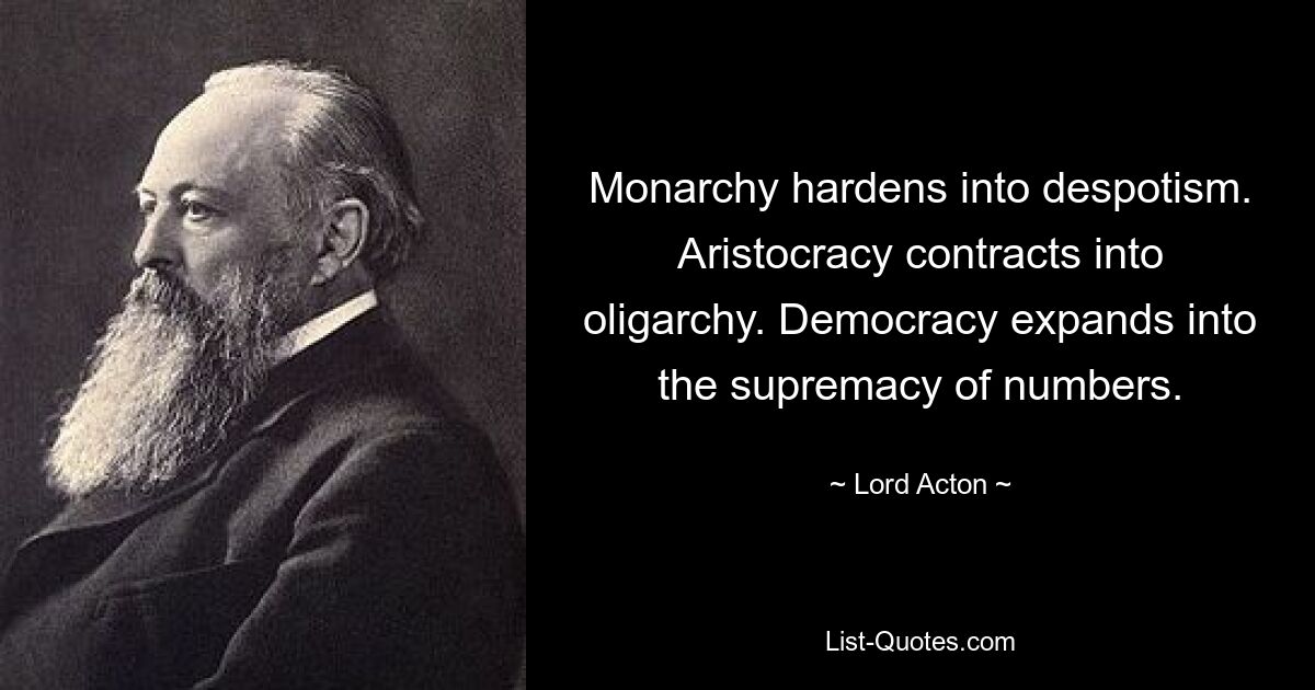 Monarchy hardens into despotism. Aristocracy contracts into oligarchy. Democracy expands into the supremacy of numbers. — © Lord Acton