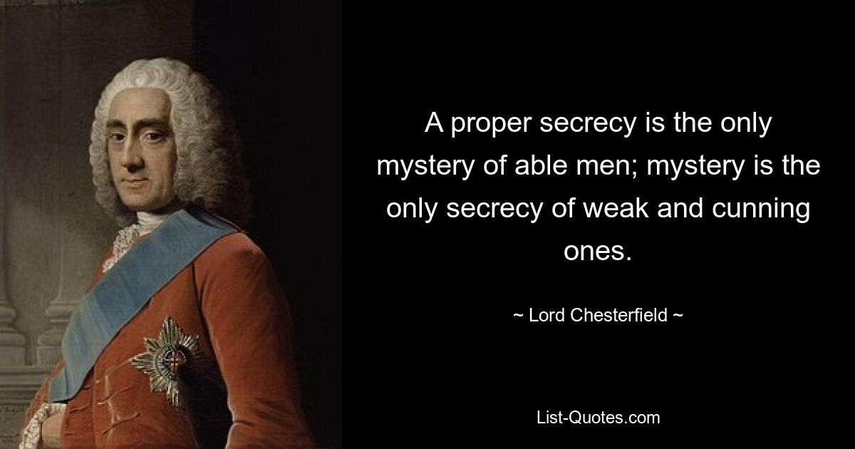 A proper secrecy is the only mystery of able men; mystery is the only secrecy of weak and cunning ones. — © Lord Chesterfield