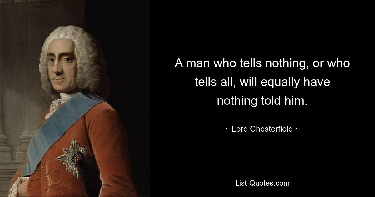 A man who tells nothing, or who tells all, will equally have nothing told him. — © Lord Chesterfield