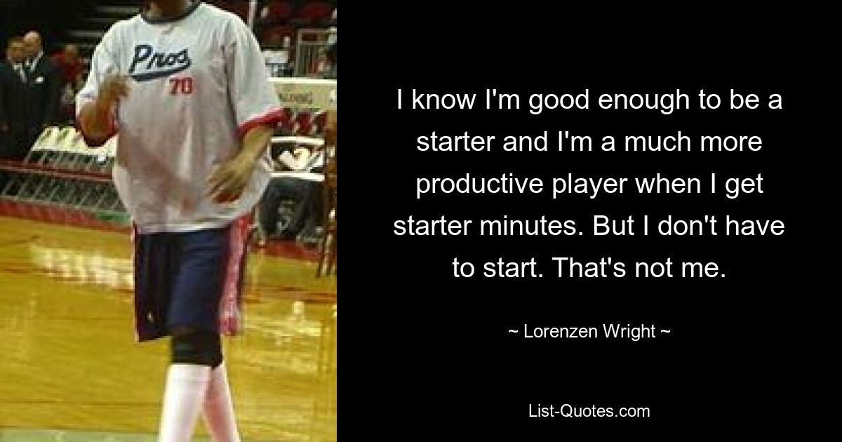 I know I'm good enough to be a starter and I'm a much more productive player when I get starter minutes. But I don't have to start. That's not me. — © Lorenzen Wright