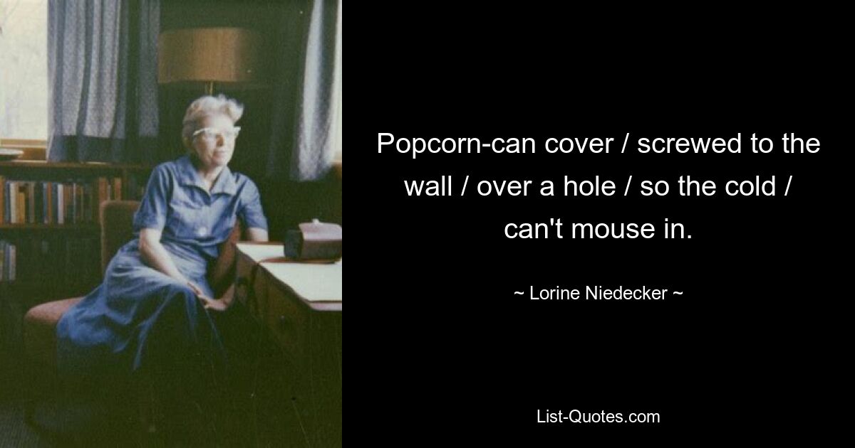 Popcorn-can cover / screwed to the wall / over a hole / so the cold / can't mouse in. — © Lorine Niedecker