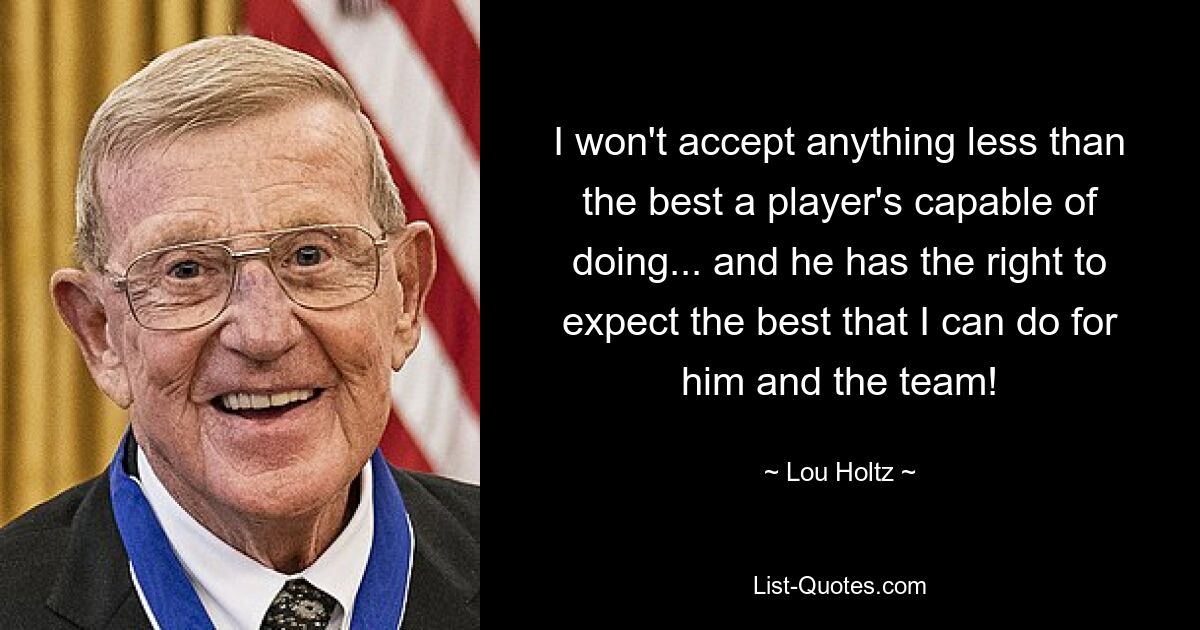 I won't accept anything less than the best a player's capable of doing... and he has the right to expect the best that I can do for him and the team! — © Lou Holtz