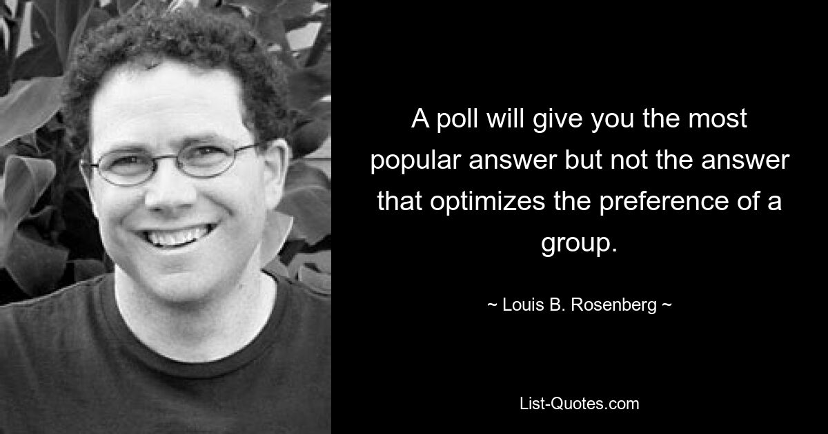 A poll will give you the most popular answer but not the answer that optimizes the preference of a group. — © Louis B. Rosenberg