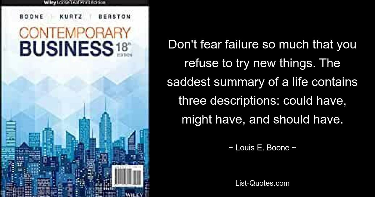 Don't fear failure so much that you refuse to try new things. The saddest summary of a life contains three descriptions: could have, might have, and should have. — © Louis E. Boone