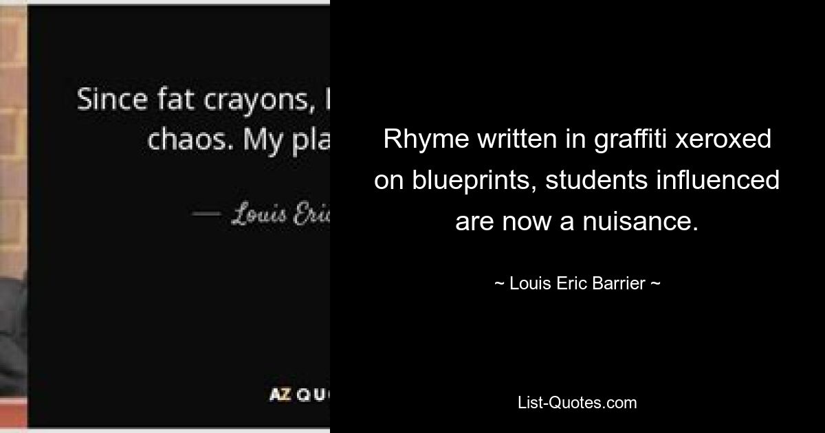 Rhyme written in graffiti xeroxed on blueprints, students influenced are now a nuisance. — © Louis Eric Barrier