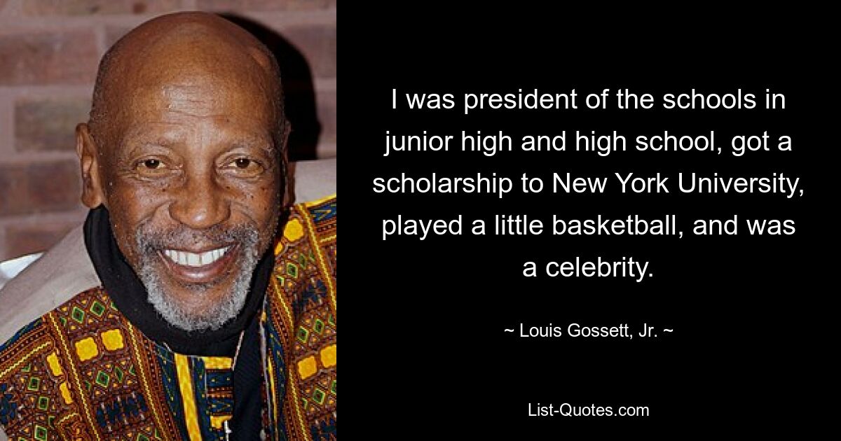 I was president of the schools in junior high and high school, got a scholarship to New York University, played a little basketball, and was a celebrity. — © Louis Gossett, Jr.