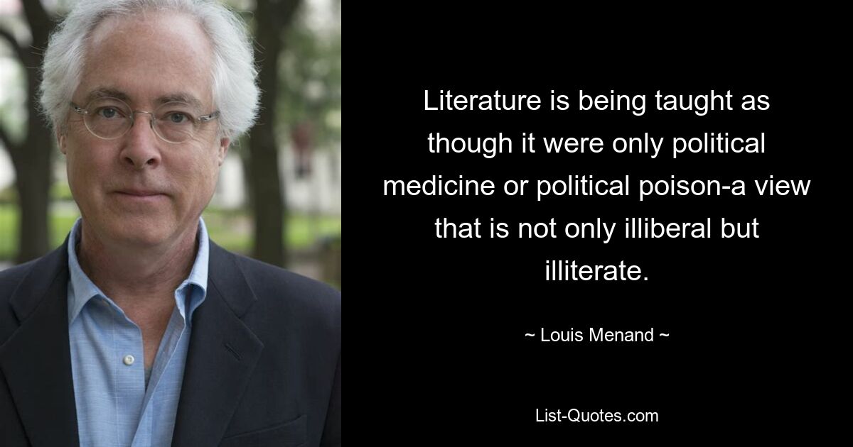 Литературе преподают так, как будто это всего лишь политическая медицина или политический яд – точка зрения, которая не только нелиберальна, но и неграмотна. — © Луи Менанд 