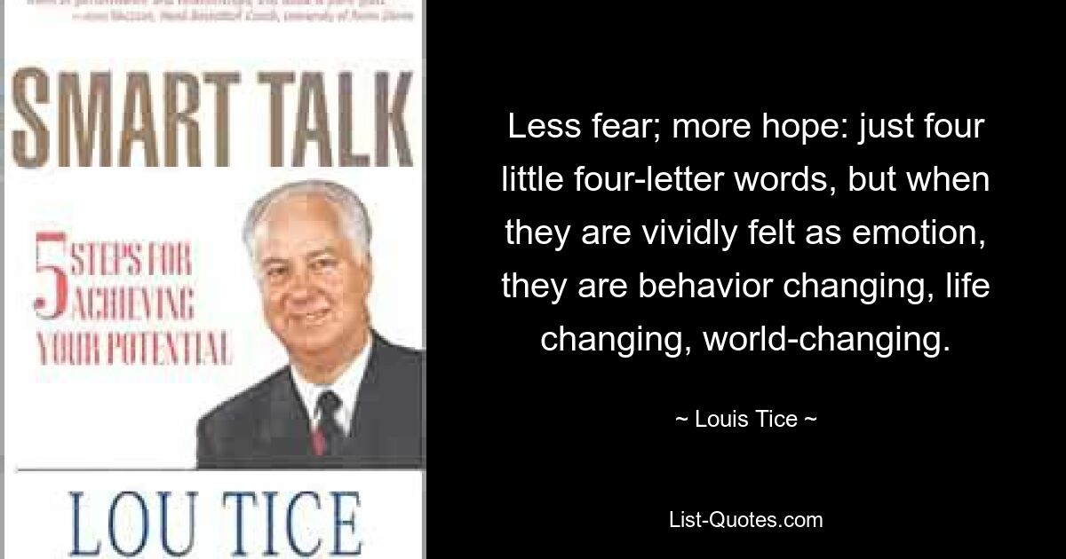 Less fear; more hope: just four little four-letter words, but when they are vividly felt as emotion, they are behavior changing, life changing, world-changing. — © Louis Tice