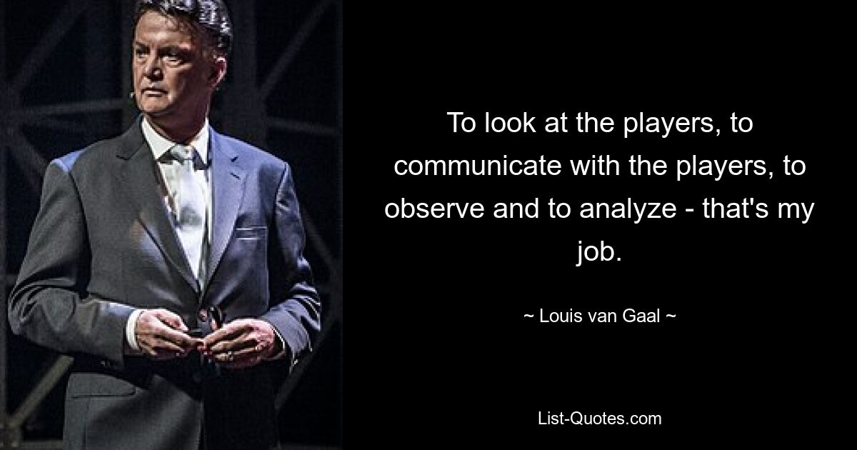 To look at the players, to communicate with the players, to observe and to analyze - that's my job. — © Louis van Gaal