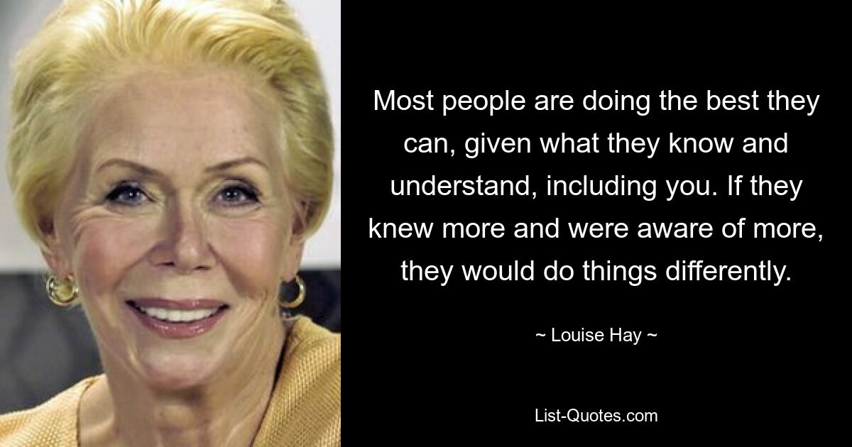 Most people are doing the best they can, given what they know and understand, including you. If they knew more and were aware of more, they would do things differently. — © Louise Hay