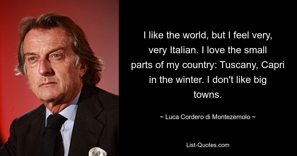 I like the world, but I feel very, very Italian. I love the small parts of my country: Tuscany, Capri in the winter. I don't like big towns. — © Luca Cordero di Montezemolo