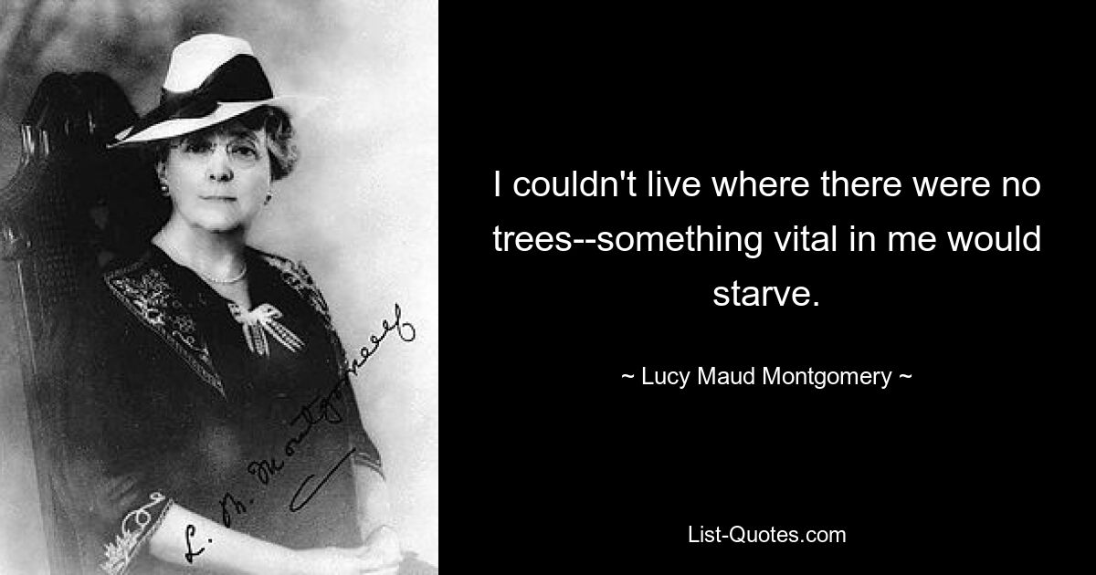 I couldn't live where there were no trees--something vital in me would starve. — © Lucy Maud Montgomery