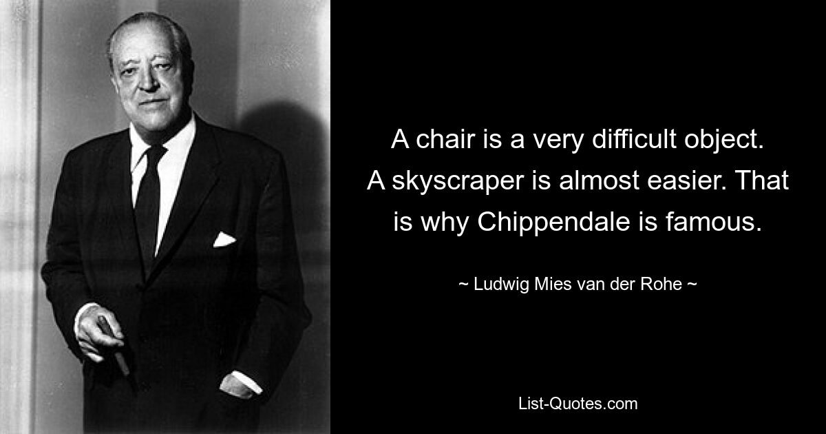 A chair is a very difficult object. A skyscraper is almost easier. That is why Chippendale is famous. — © Ludwig Mies van der Rohe