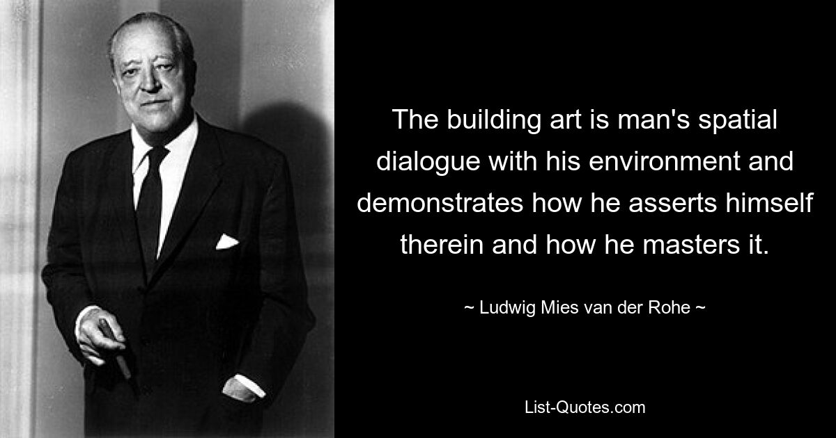 The building art is man's spatial dialogue with his environment and demonstrates how he asserts himself therein and how he masters it. — © Ludwig Mies van der Rohe