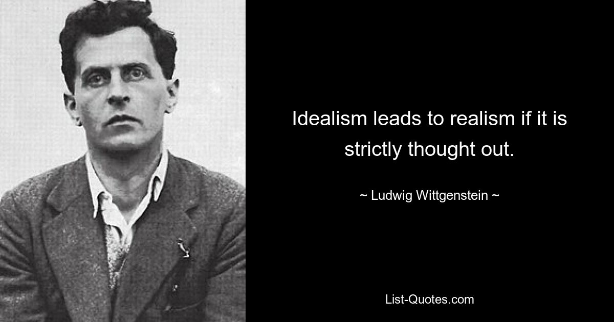 Idealism leads to realism if it is strictly thought out. — © Ludwig Wittgenstein