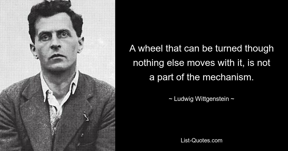 Колесо, которое можно вращать, хотя при этом больше ничего не движется, не является частью механизма. — © Людвиг Витгенштейн