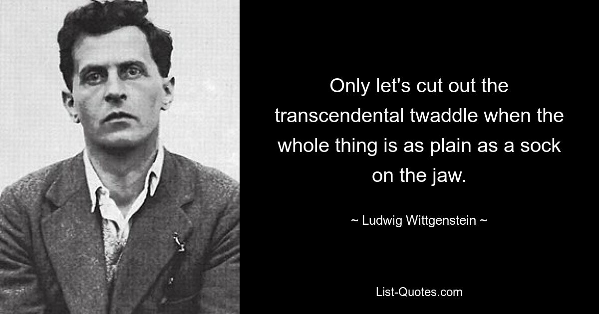 Only let's cut out the transcendental twaddle when the whole thing is as plain as a sock on the jaw. — © Ludwig Wittgenstein