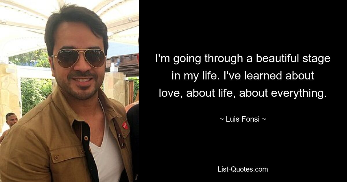 I'm going through a beautiful stage in my life. I've learned about love, about life, about everything. — © Luis Fonsi