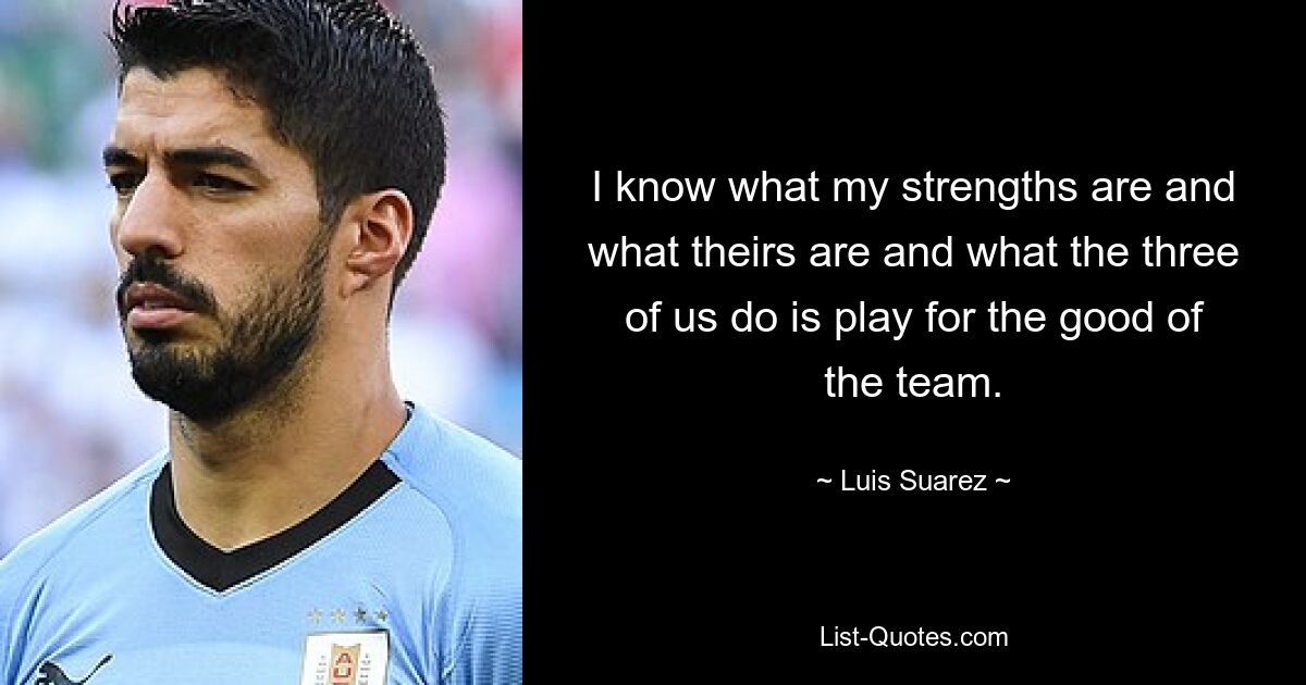 I know what my strengths are and what theirs are and what the three of us do is play for the good of the team. — © Luis Suarez