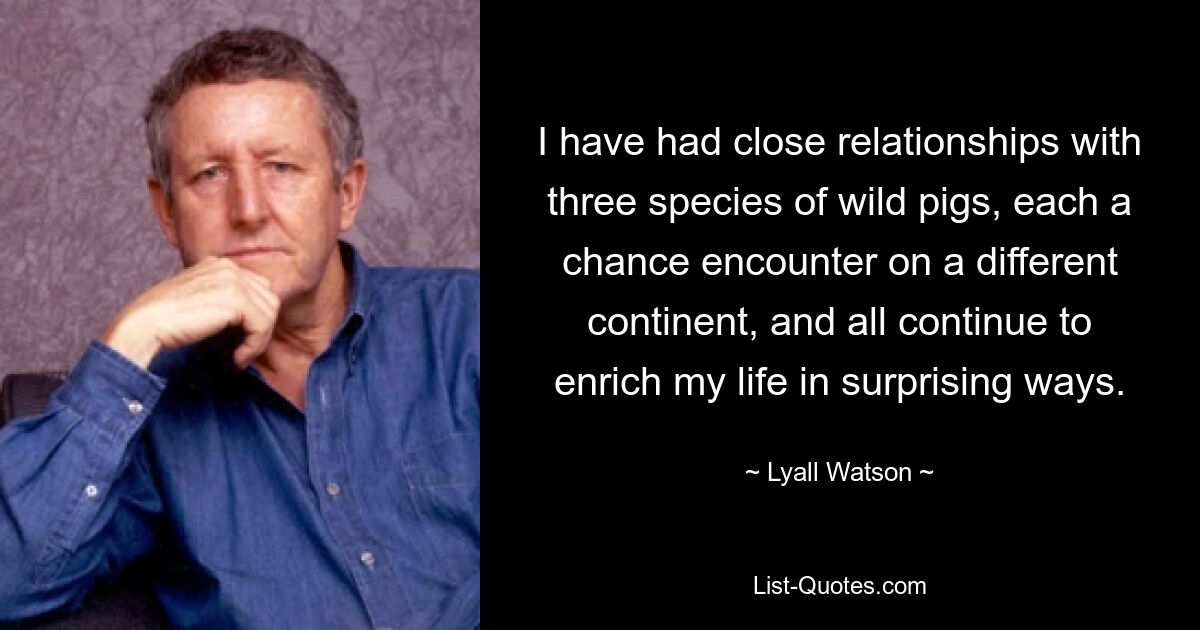 I have had close relationships with three species of wild pigs, each a chance encounter on a different continent, and all continue to enrich my life in surprising ways. — © Lyall Watson