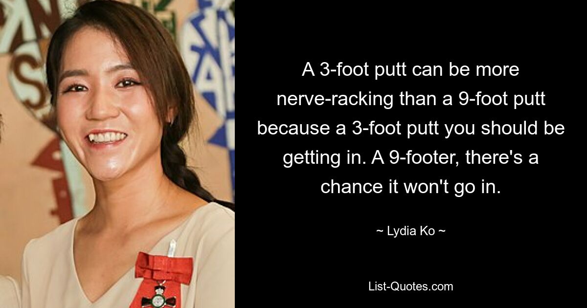 A 3-foot putt can be more nerve-racking than a 9-foot putt because a 3-foot putt you should be getting in. A 9-footer, there's a chance it won't go in. — © Lydia Ko