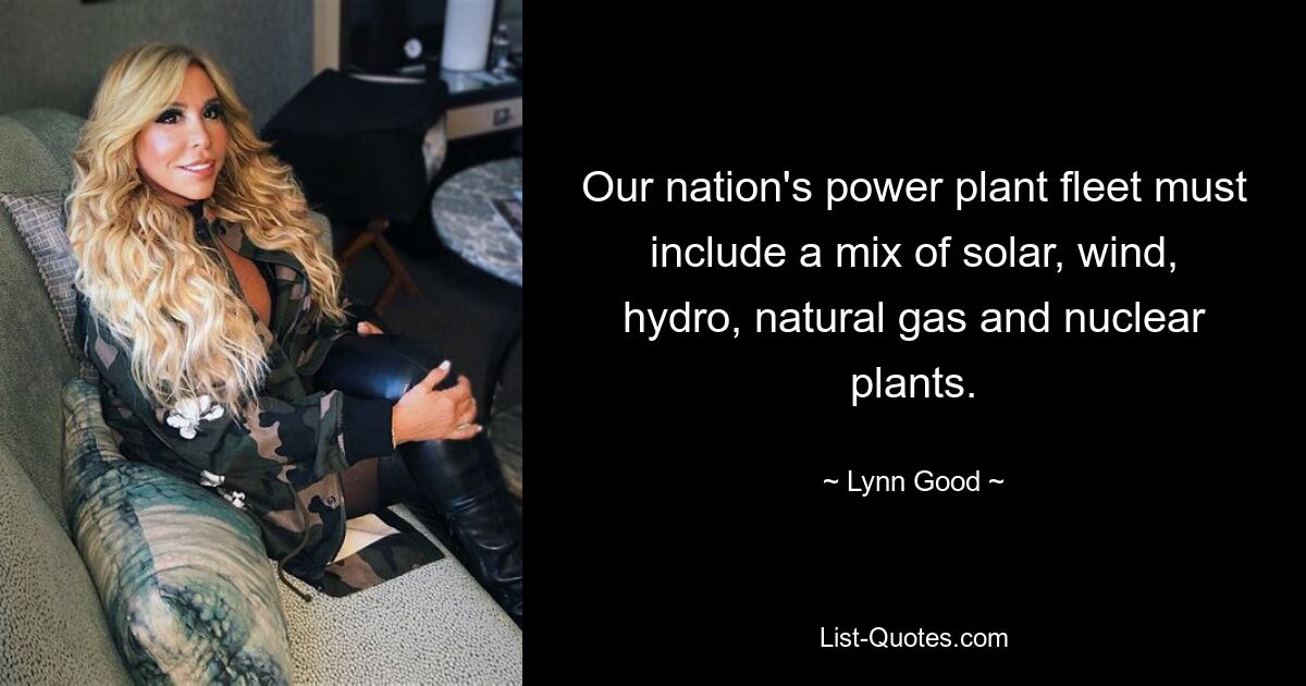 Our nation's power plant fleet must include a mix of solar, wind, hydro, natural gas and nuclear plants. — © Lynn Good