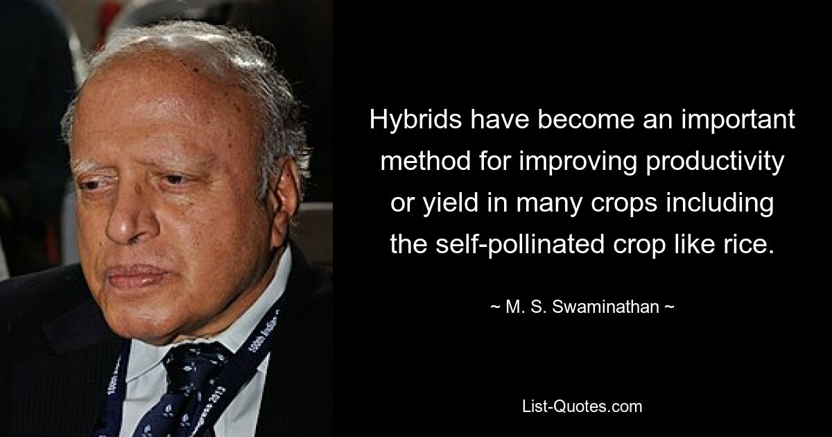 Hybrids have become an important method for improving productivity or yield in many crops including the self-pollinated crop like rice. — © M. S. Swaminathan