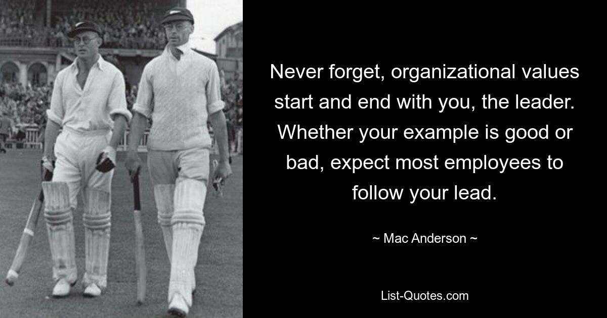 Never forget, organizational values start and end with you, the leader. Whether your example is good or bad, expect most employees to follow your lead. — © Mac Anderson