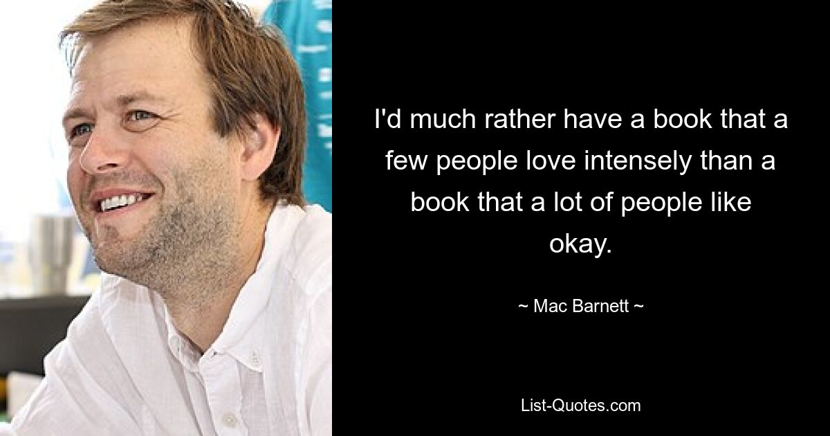 I'd much rather have a book that a few people love intensely than a book that a lot of people like okay. — © Mac Barnett