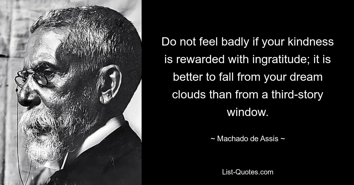 Do not feel badly if your kindness is rewarded with ingratitude; it is better to fall from your dream clouds than from a third-story window. — © Machado de Assis