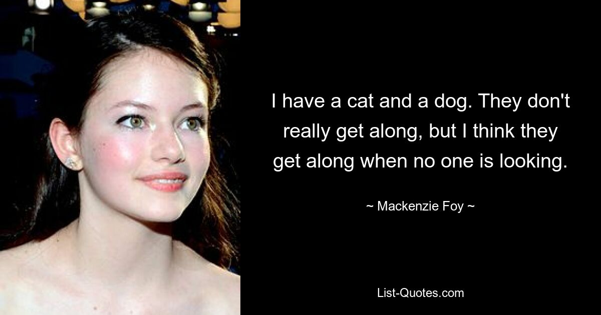 I have a cat and a dog. They don't really get along, but I think they get along when no one is looking. — © Mackenzie Foy