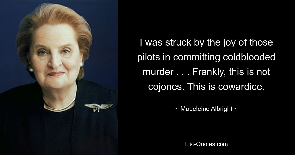 I was struck by the joy of those pilots in committing coldblooded murder . . . Frankly, this is not cojones. This is cowardice. — © Madeleine Albright