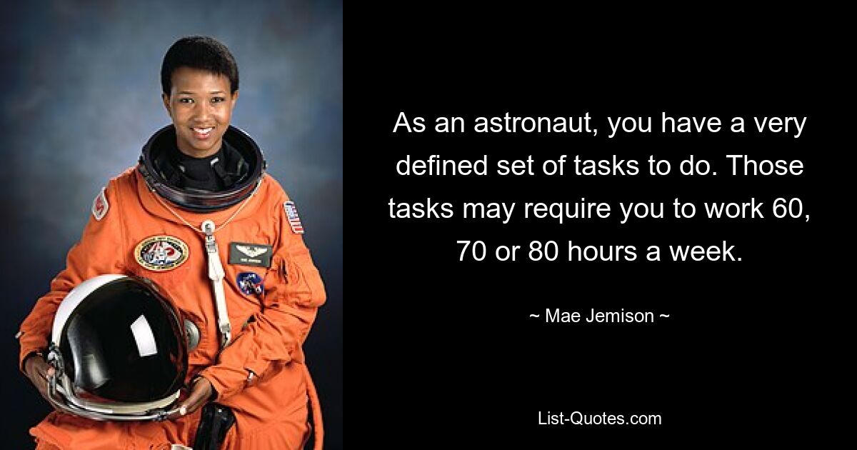 As an astronaut, you have a very defined set of tasks to do. Those tasks may require you to work 60, 70 or 80 hours a week. — © Mae Jemison