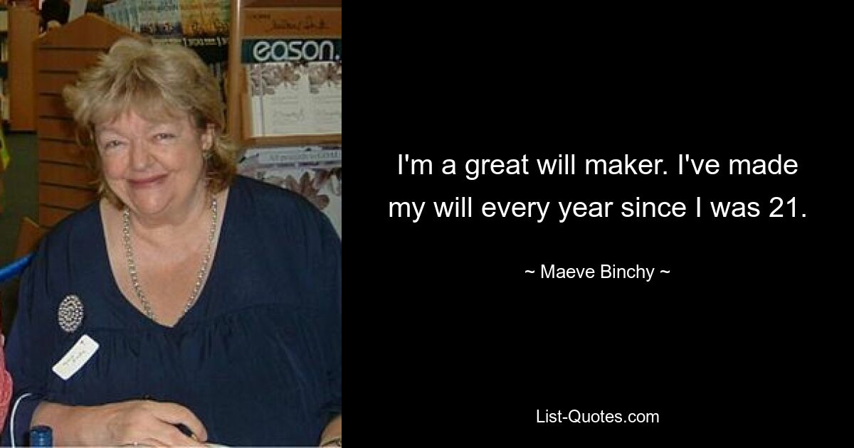 I'm a great will maker. I've made my will every year since I was 21. — © Maeve Binchy