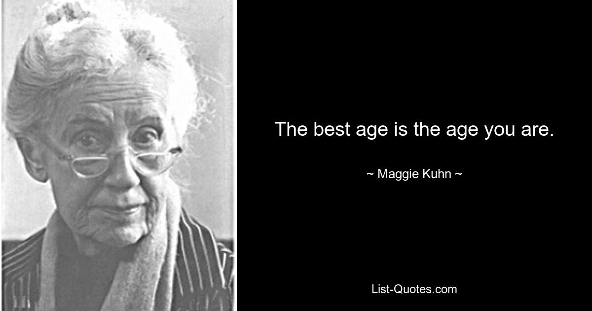 The best age is the age you are. — © Maggie Kuhn