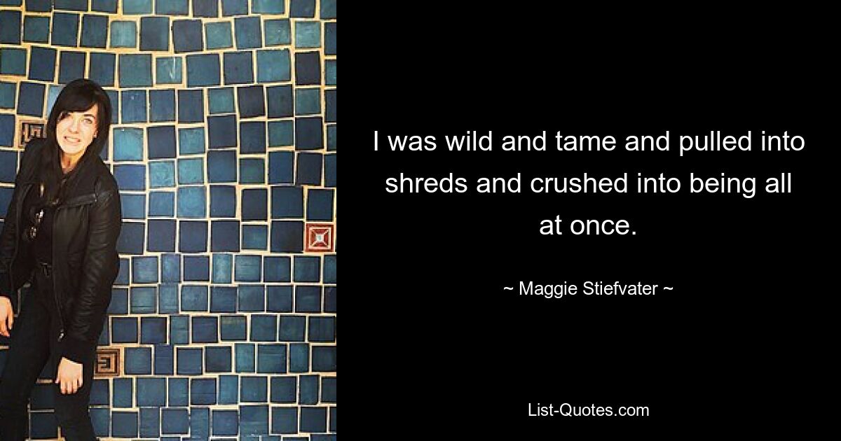 I was wild and tame and pulled into shreds and crushed into being all at once. — © Maggie Stiefvater