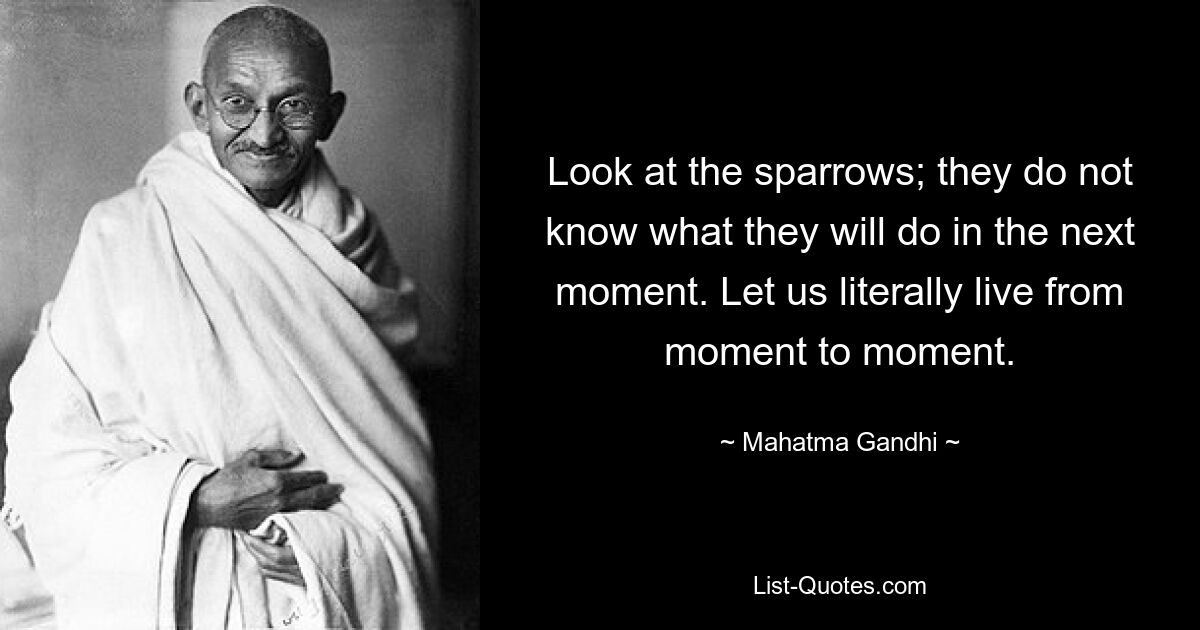 Look at the sparrows; they do not know what they will do in the next moment. Let us literally live from moment to moment. — © Mahatma Gandhi