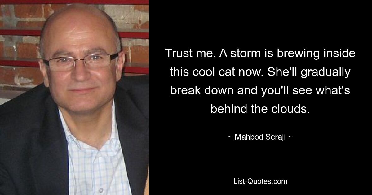 Trust me. A storm is brewing inside this cool cat now. She'll gradually break down and you'll see what's behind the clouds. — © Mahbod Seraji