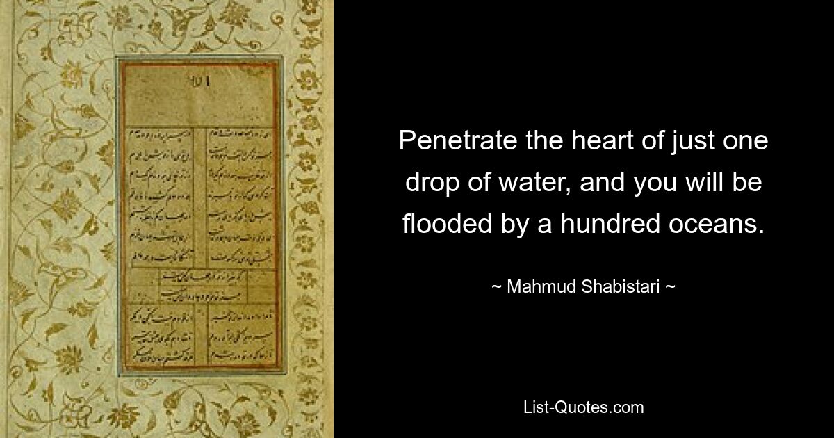 Penetrate the heart of just one drop of water, and you will be flooded by a hundred oceans. — © Mahmud Shabistari