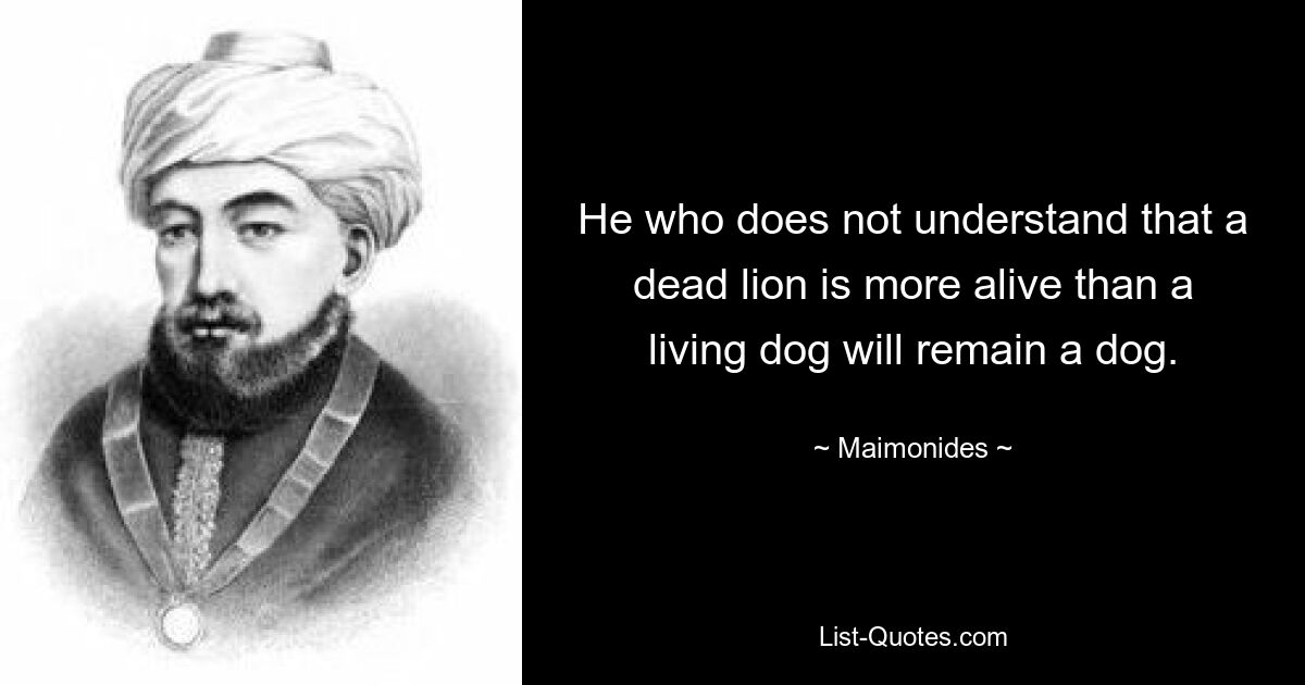 He who does not understand that a dead lion is more alive than a living dog will remain a dog. — © Maimonides