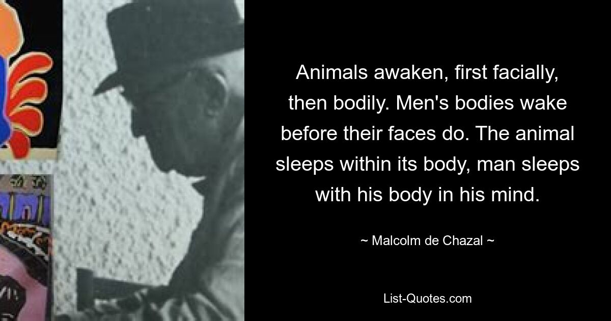 Animals awaken, first facially, then bodily. Men's bodies wake before their faces do. The animal sleeps within its body, man sleeps with his body in his mind. — © Malcolm de Chazal