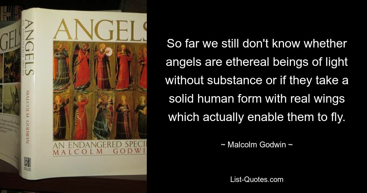 So far we still don't know whether angels are ethereal beings of light without substance or if they take a solid human form with real wings which actually enable them to fly. — © Malcolm Godwin